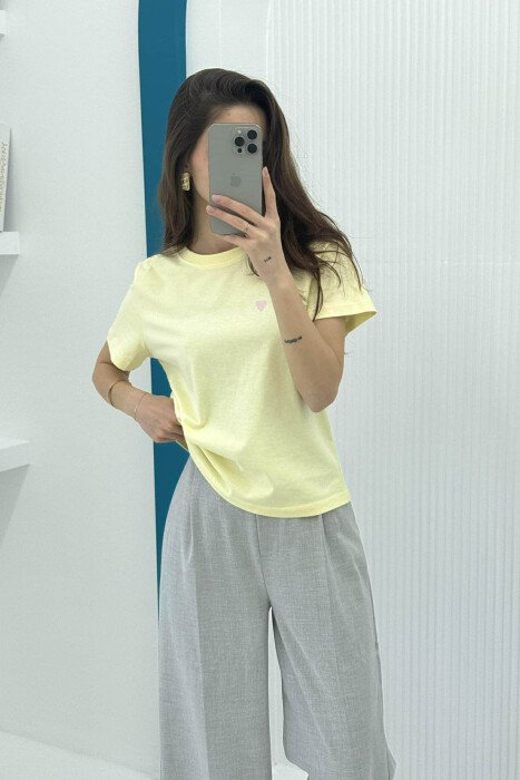 ONE COLOR HEART LOGO SIMPLE WOMEN T-SHIRT YELLOW/E VERDHE - 5
