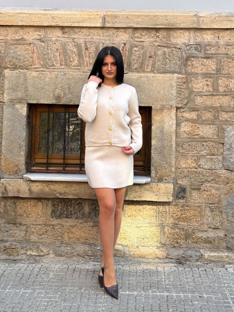 ONE COLOR HEARTS BUTTONS CARDIGAN + SKIRT WOMAN SET LIGHT BEIGE/BZHZB - 3