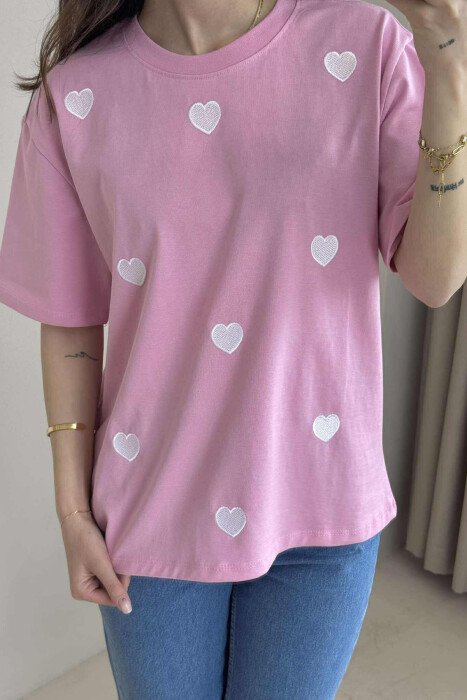 ONE COLOR HEARTS DESIGN WOMEN T-SHIRT PINK/ROZE - KLAUDIO FASHION