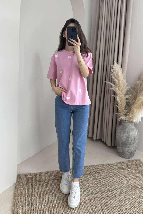 ONE COLOR HEARTS DESIGN WOMEN T-SHIRT PINK/ROZE - 2