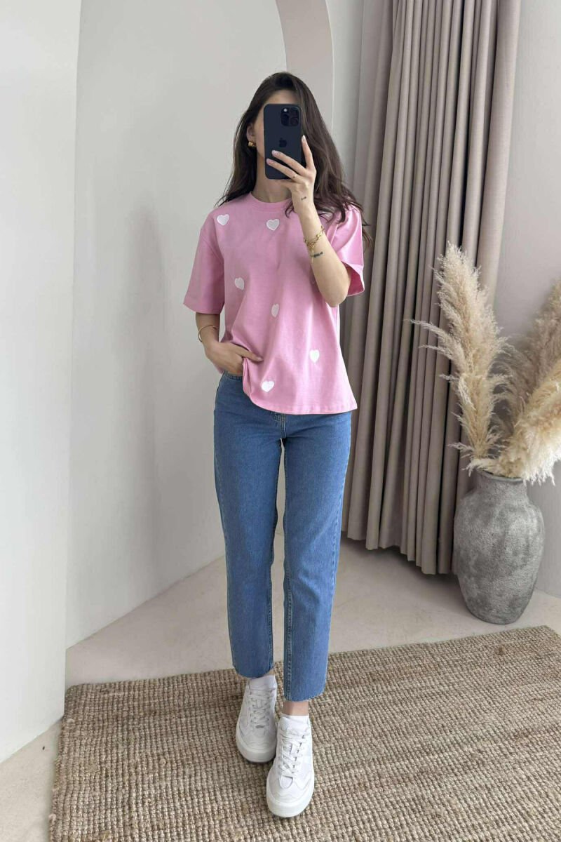 ONE COLOR HEARTS DESIGN WOMEN T-SHIRT PINK/ROZE - 2