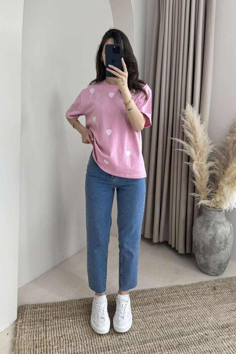 ONE COLOR HEARTS DESIGN WOMEN T-SHIRT PINK/ROZE - 4