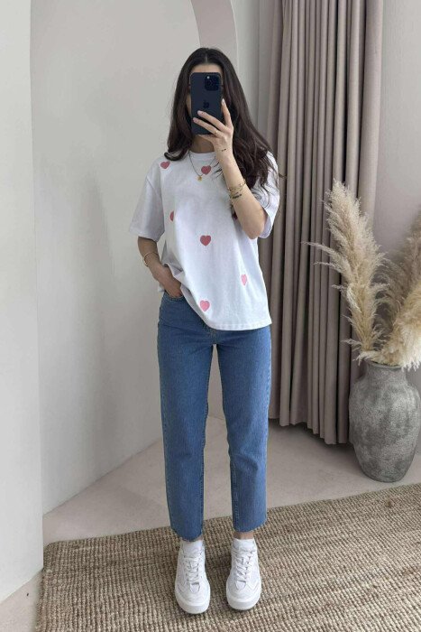 ONE COLOR HEARTS DESIGN WOMEN T-SHIRT WHITE-E BARDHE - 4