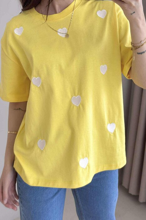 ONE COLOR HEARTS DESIGN WOMEN T-SHIRT YELLOW/E VERDHE - KLAUDIO FASHION