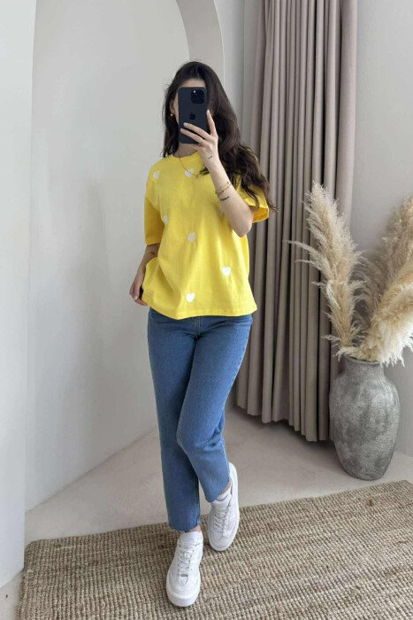 ONE COLOR HEARTS DESIGN WOMEN T-SHIRT YELLOW/E VERDHE - 2