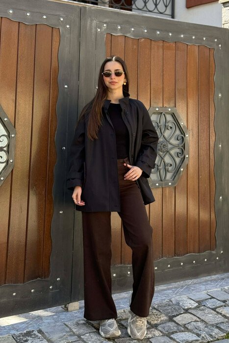 ONE COLOR HIGH NECK BUTTON-ZIP UP WOMEN JACKET BLACK-BLACK/ZZ 