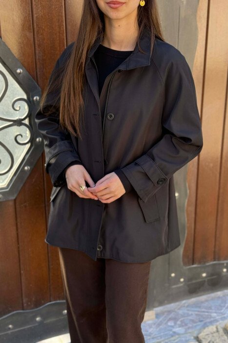 ONE COLOR HIGH NECK BUTTON-ZIP UP WOMEN JACKET BLACK-BLACK/ZZ - 2