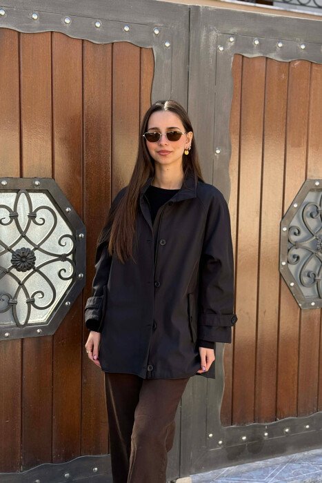 ONE COLOR HIGH NECK BUTTON-ZIP UP WOMEN JACKET BLACK-BLACK/ZZ - 3