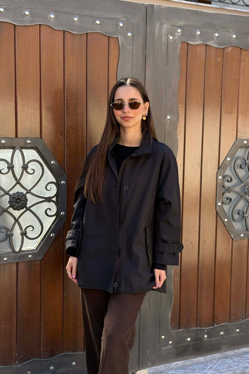 ONE COLOR HIGH NECK BUTTON-ZIP UP WOMEN JACKET BLACK-BLACK/ZZ - 3