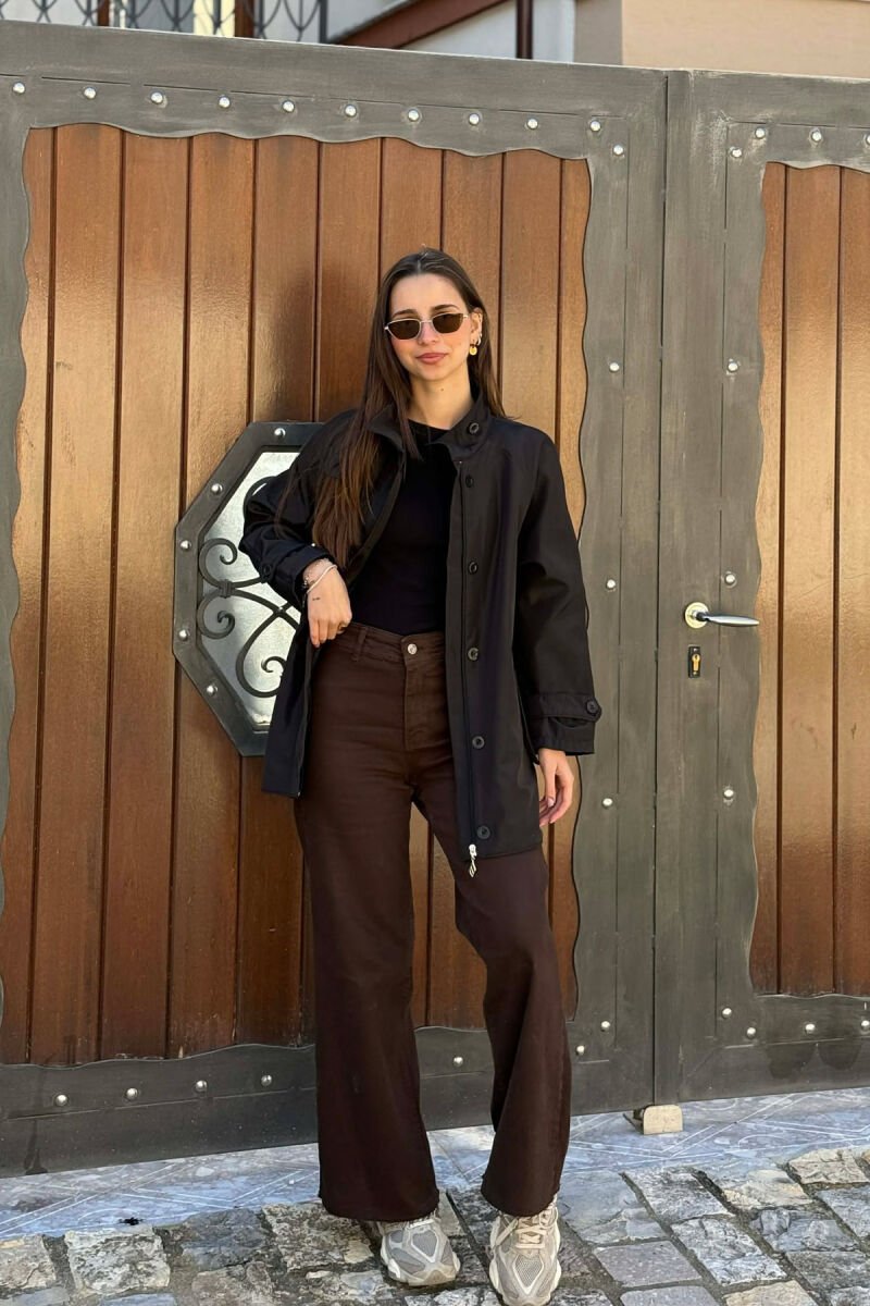 ONE COLOR HIGH NECK BUTTON-ZIP UP WOMEN JACKET BLACK/ E ZEZE - 1