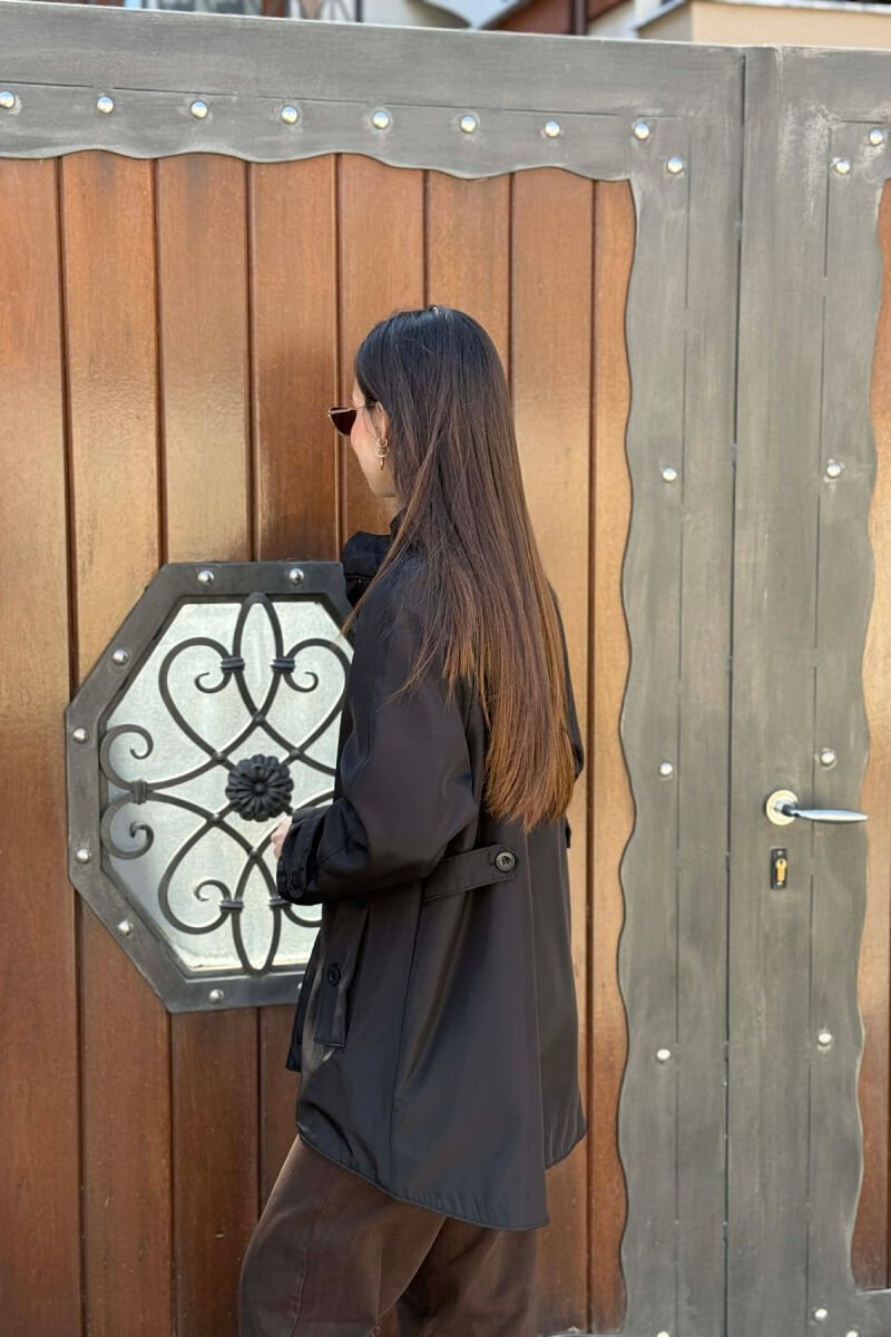 ONE COLOR HIGH NECK BUTTON-ZIP UP WOMEN JACKET BLACK/ E ZEZE - 2