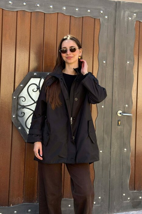 ONE COLOR HIGH NECK BUTTON-ZIP UP WOMEN JACKET BLACK/ E ZEZE - 3