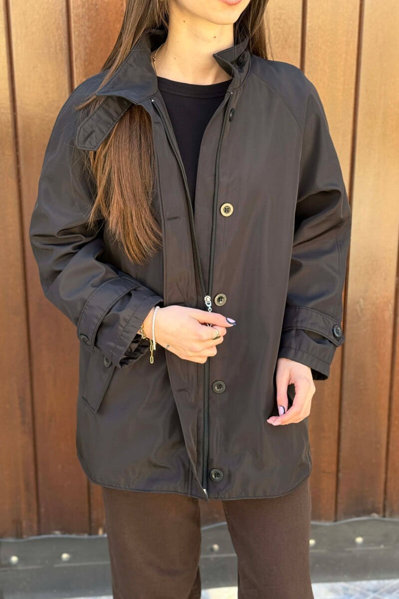ONE COLOR HIGH NECK BUTTON-ZIP UP WOMEN JACKET BLACK/ E ZEZE - 4