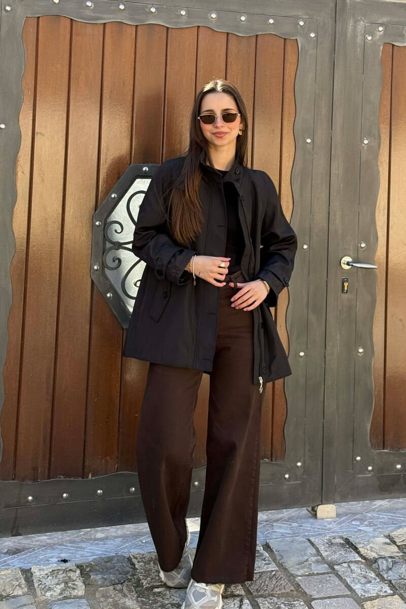 ONE COLOR HIGH NECK BUTTON-ZIP UP WOMEN JACKET BLACK/ E ZEZE - 5