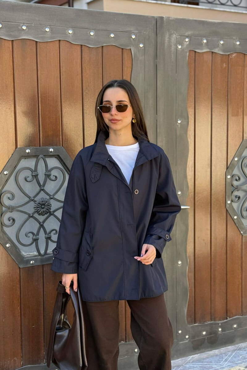 ONE COLOR HIGH NECK BUTTON-ZIP UP WOMEN JACKET BLUE/BLU - 1