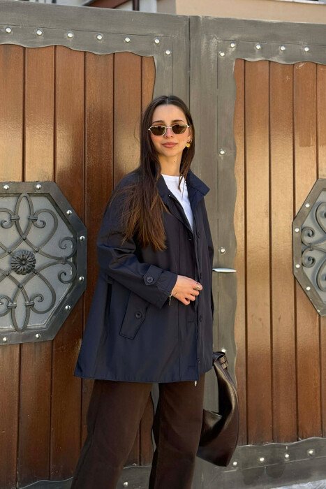 ONE COLOR HIGH NECK BUTTON-ZIP UP WOMEN JACKET BLUE/BLU - 3