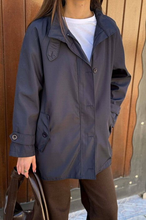 ONE COLOR HIGH NECK BUTTON-ZIP UP WOMEN JACKET BLUE/BLU - 4