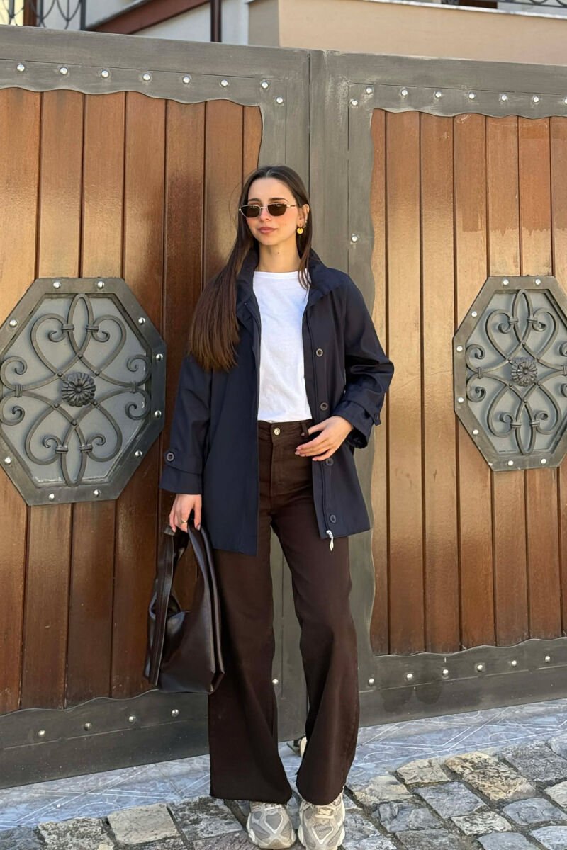ONE COLOR HIGH NECK BUTTON-ZIP UP WOMEN JACKET BLUE/BLU - 6