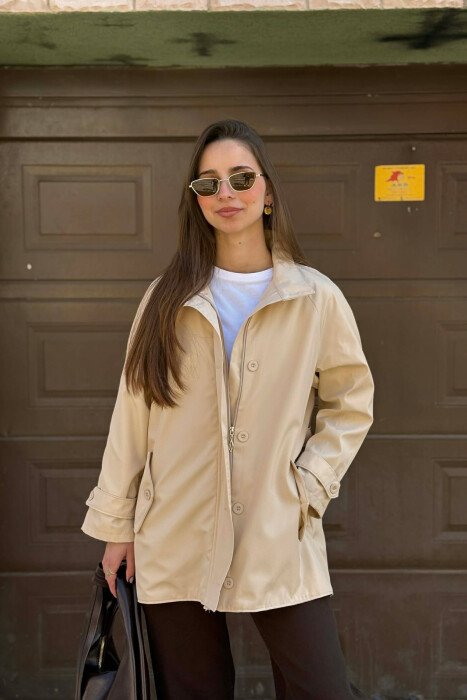 ONE COLOR HIGH NECK BUTTON-ZIP UP WOMEN JACKET CREAM/KREM - 1