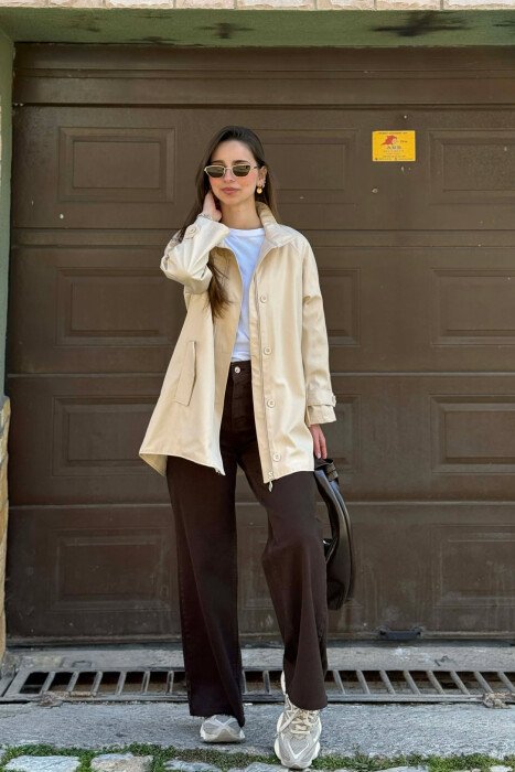 ONE COLOR HIGH NECK BUTTON-ZIP UP WOMEN JACKET CREAM/KREM - 2