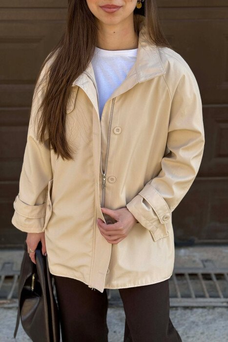 ONE COLOR HIGH NECK BUTTON-ZIP UP WOMEN JACKET CREAM/KREM - 3