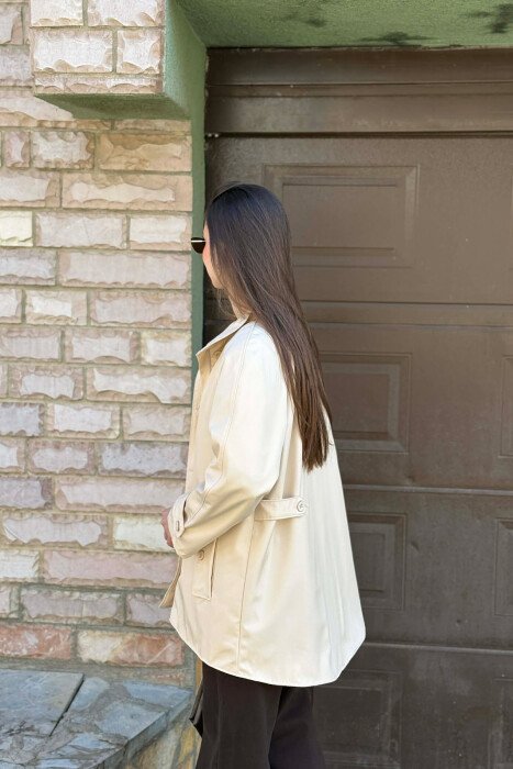 ONE COLOR HIGH NECK BUTTON-ZIP UP WOMEN JACKET CREAM/KREM - 4