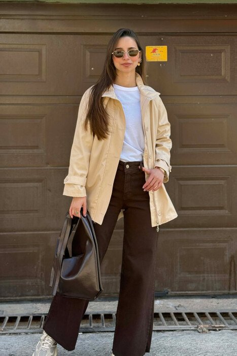 ONE COLOR HIGH NECK BUTTON-ZIP UP WOMEN JACKET CREAM/KREM - 5
