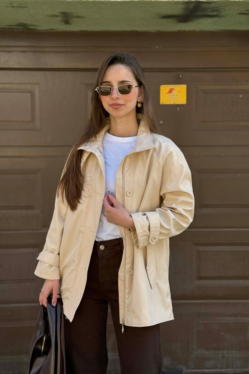 ONE COLOR HIGH NECK BUTTON-ZIP UP WOMEN JACKET CREAM/KREM - 6