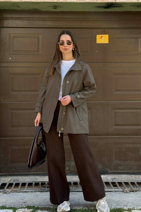 ONE COLOR HIGH NECK BUTTON-ZIP UP WOMEN JACKET DARK GREEN/JEE - 3