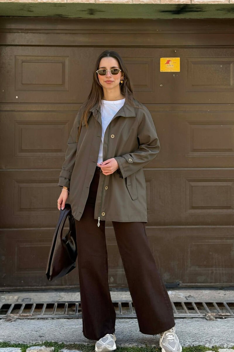 ONE COLOR HIGH NECK BUTTON-ZIP UP WOMEN JACKET DARK GREEN/JEE - 3