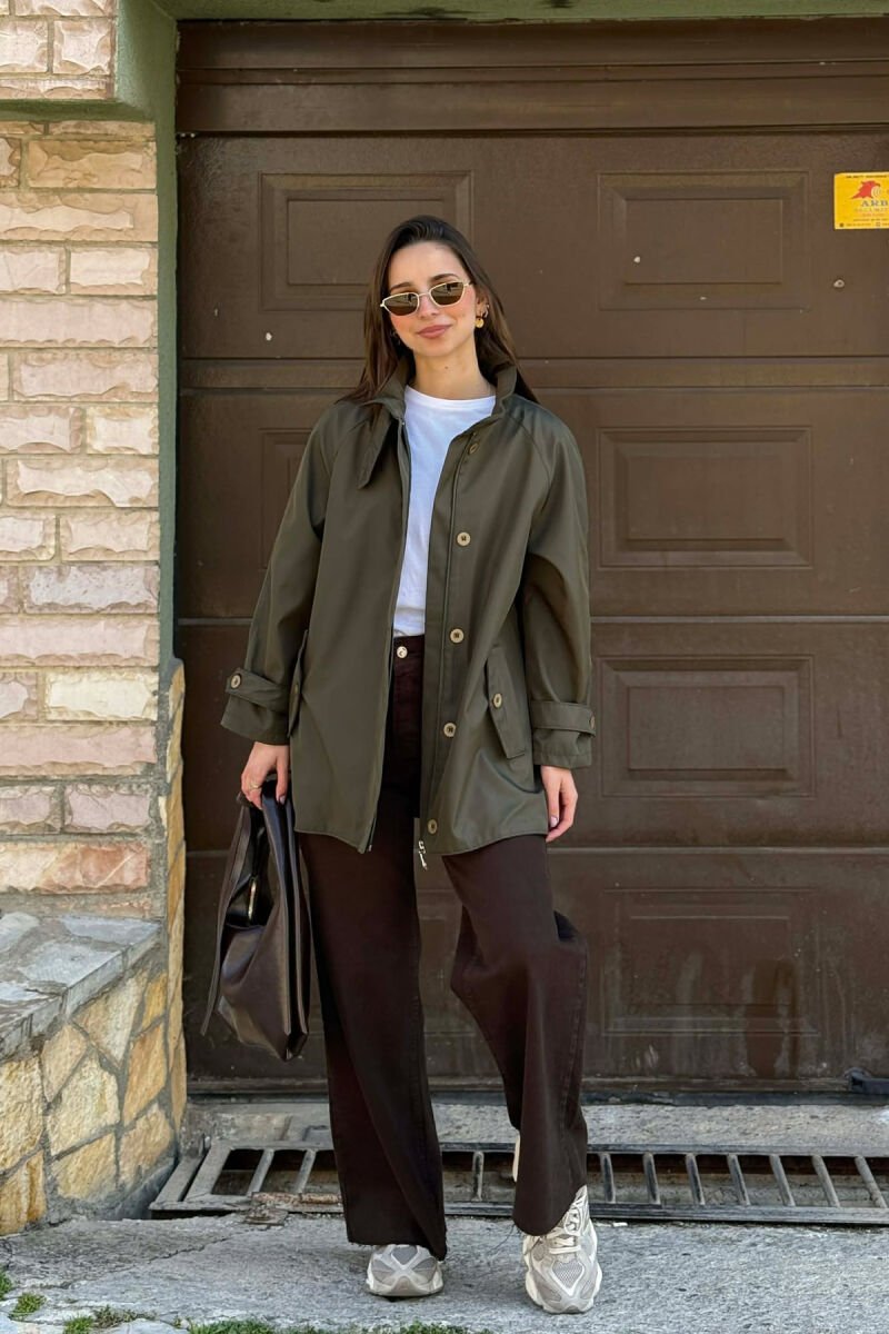 ONE COLOR HIGH NECK BUTTON-ZIP UP WOMEN JACKET OLIVE/ULLI - 1