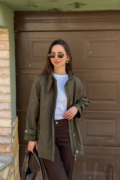 ONE COLOR HIGH NECK BUTTON-ZIP UP WOMEN JACKET OLIVE/ULLI - 2