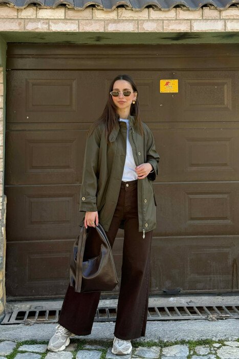 ONE COLOR HIGH NECK BUTTON-ZIP UP WOMEN JACKET OLIVE/ULLI - 4
