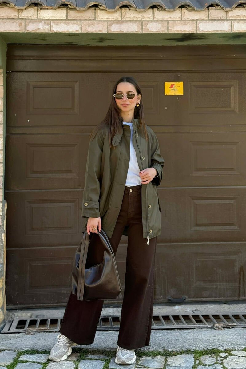 ONE COLOR HIGH NECK BUTTON-ZIP UP WOMEN JACKET OLIVE/ULLI - 4