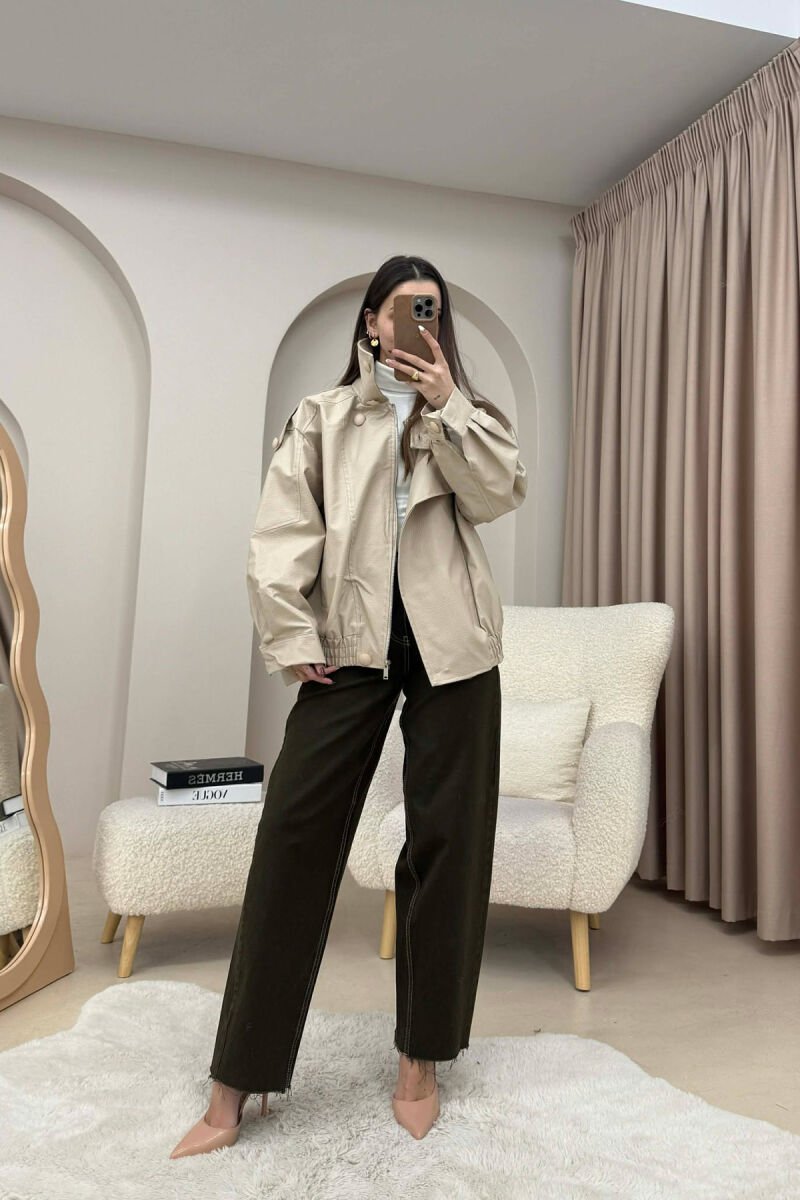 ONE COLOR HIGH NECK BUTTONED DETAIL LEATHER WOMEN JACKET BEIGE/BEZHE - 4
