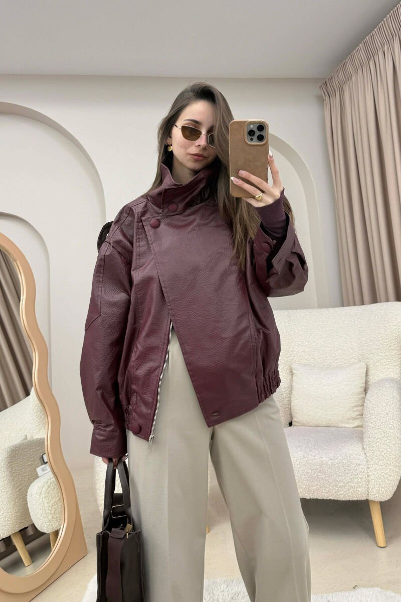ONE COLOR HIGH NECK BUTTONED DETAIL LEATHER WOMEN JACKET BURGUNDY/VISHNJE - 1