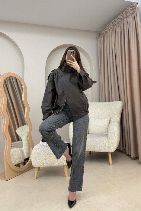 ONE COLOR HIGH NECK BUTTONED DETAIL LEATHER WOMEN JACKET DARK BROWN/KAE - 3