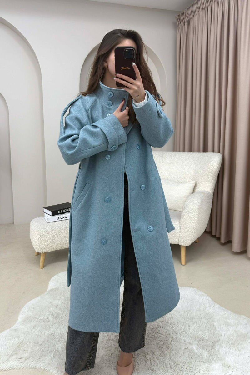 ONE COLOR HIGH NECK BUTTONED WOMAN COAT LIGHTBLUE/BZ - 1