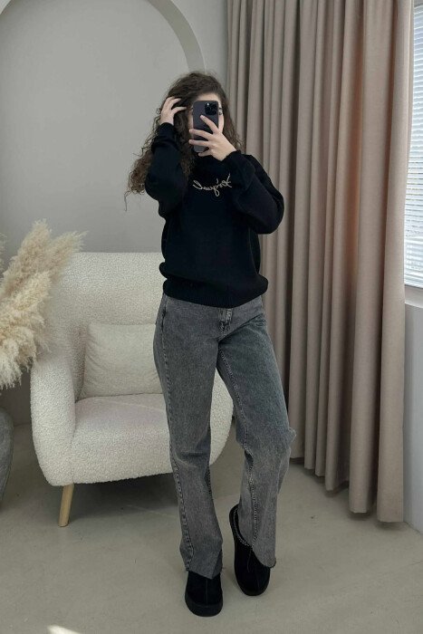 ONE COLOR HIGH NECK FRON WRITTING WOMEN SWEATER BLACK/ E ZEZE - 2