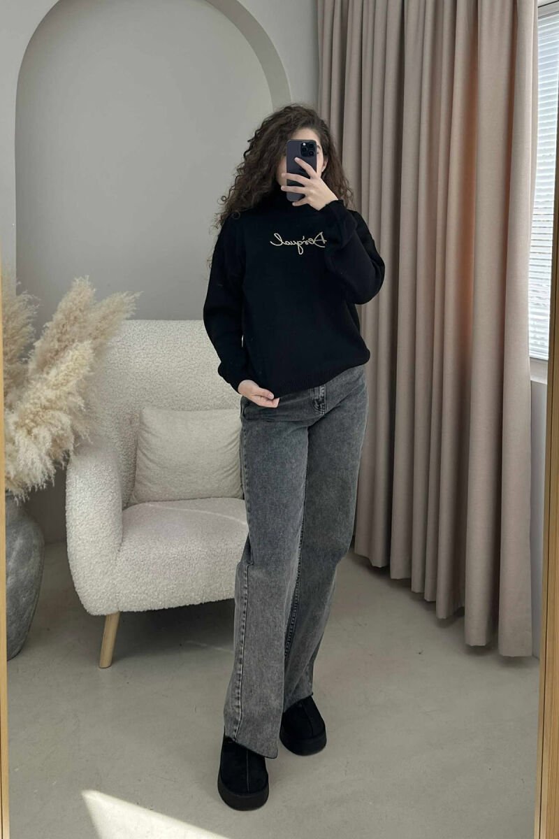 ONE COLOR HIGH NECK FRON WRITTING WOMEN SWEATER BLACK/ E ZEZE - 1