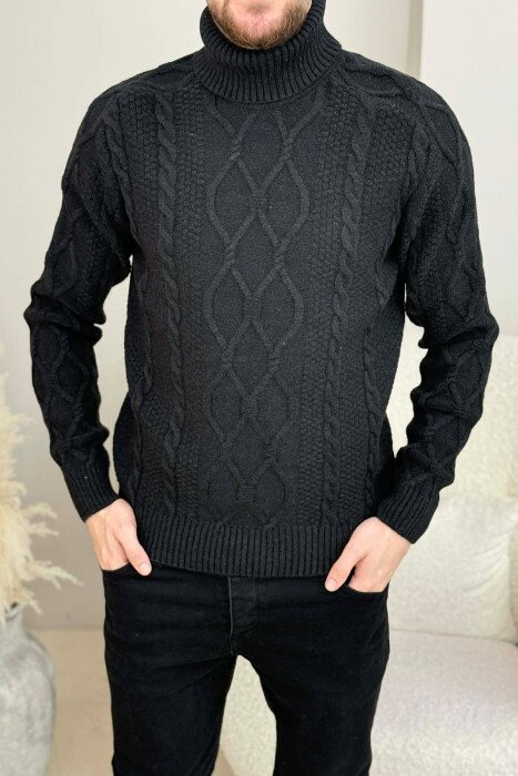 ONE COLOR HIGH NECK KNITTED MEN SWEATER BLACK/ E ZEZE - 4