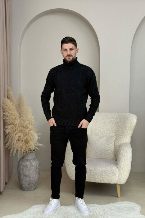 ONE COLOR HIGH NECK KNITTED MEN SWEATER BLACK/ E ZEZE 
