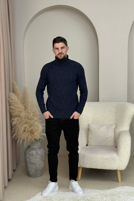 ONE COLOR HIGH NECK KNITTED MEN SWEATER BLUE/BLU - 1