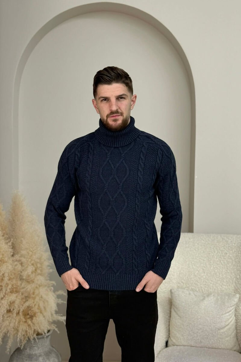 ONE COLOR HIGH NECK KNITTED MEN SWEATER BLUE/BLU - 4
