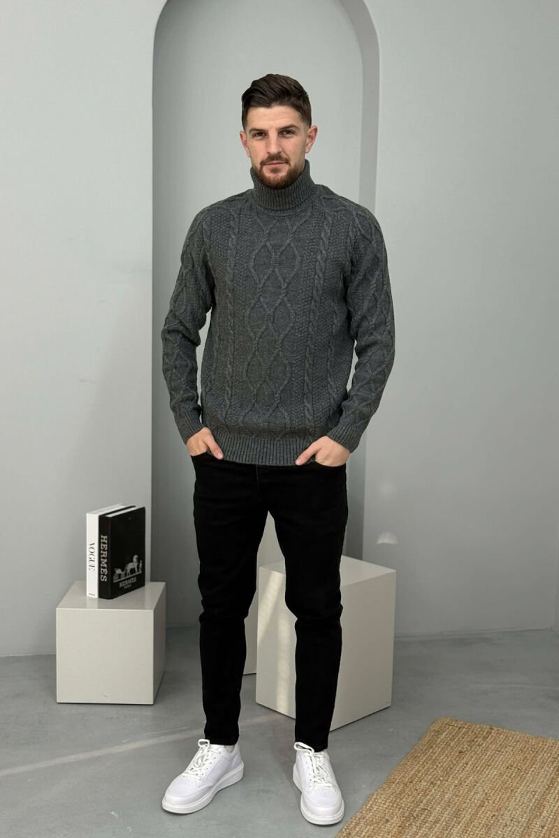ONE COLOR HIGH NECK KNITTED MEN SWEATER DARK GREY/GEE - 1
