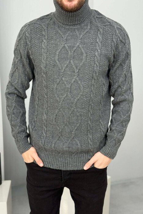 ONE COLOR HIGH NECK KNITTED MEN SWEATER DARK GREY/GEE - 2