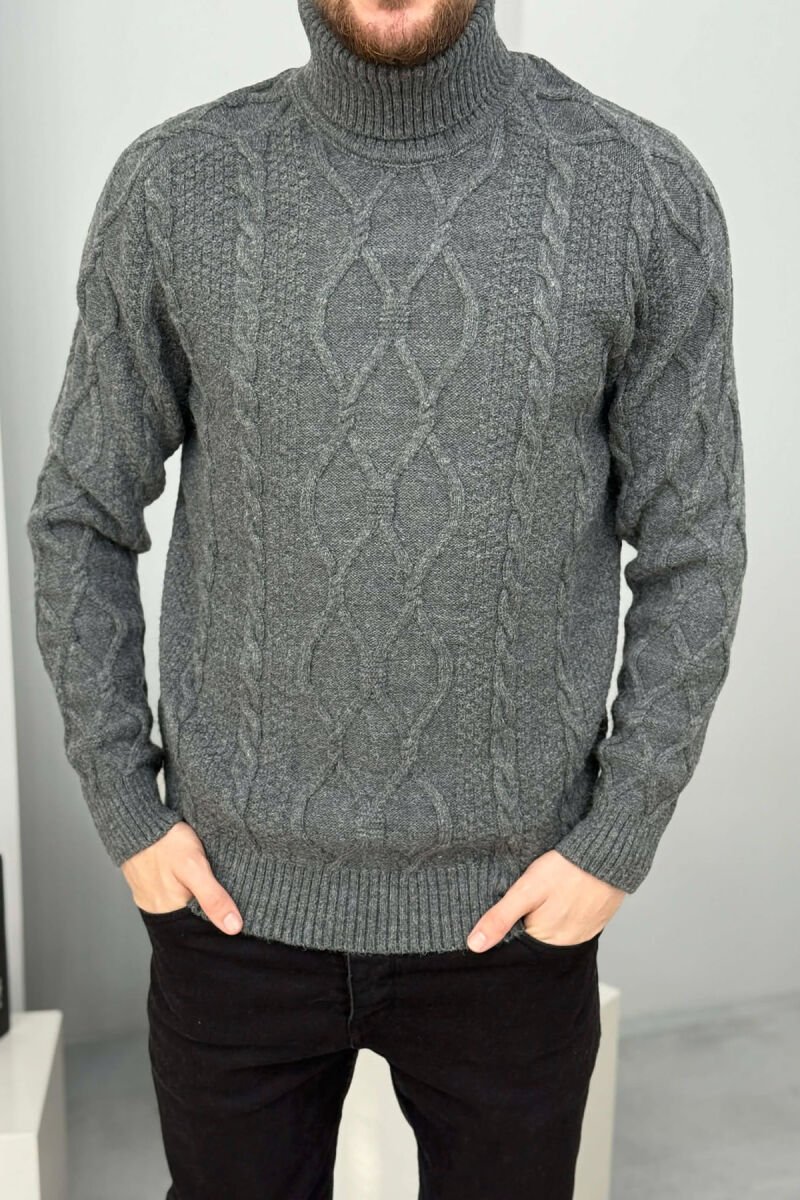 ONE COLOR HIGH NECK KNITTED MEN SWEATER DARK GREY/GEE - 2