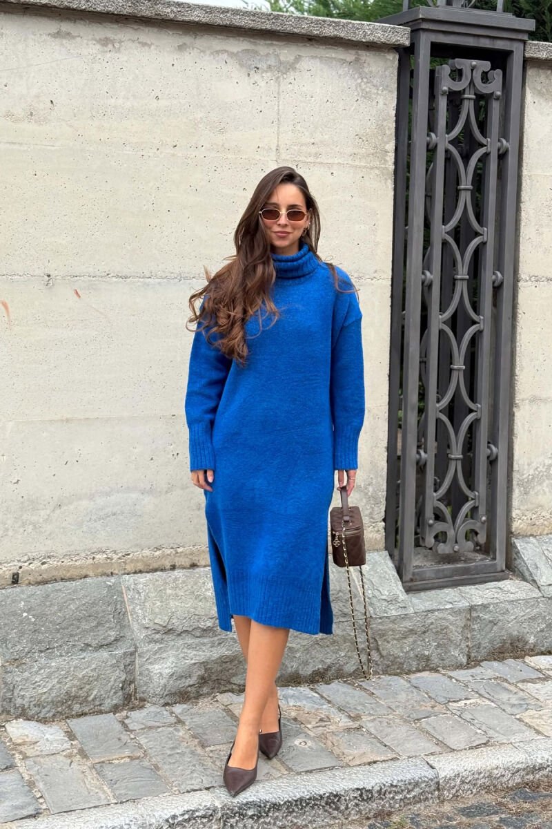 ONE COLOR HIGH NECK KNITTED WOMAN DRESS BLUE/BLU - 1