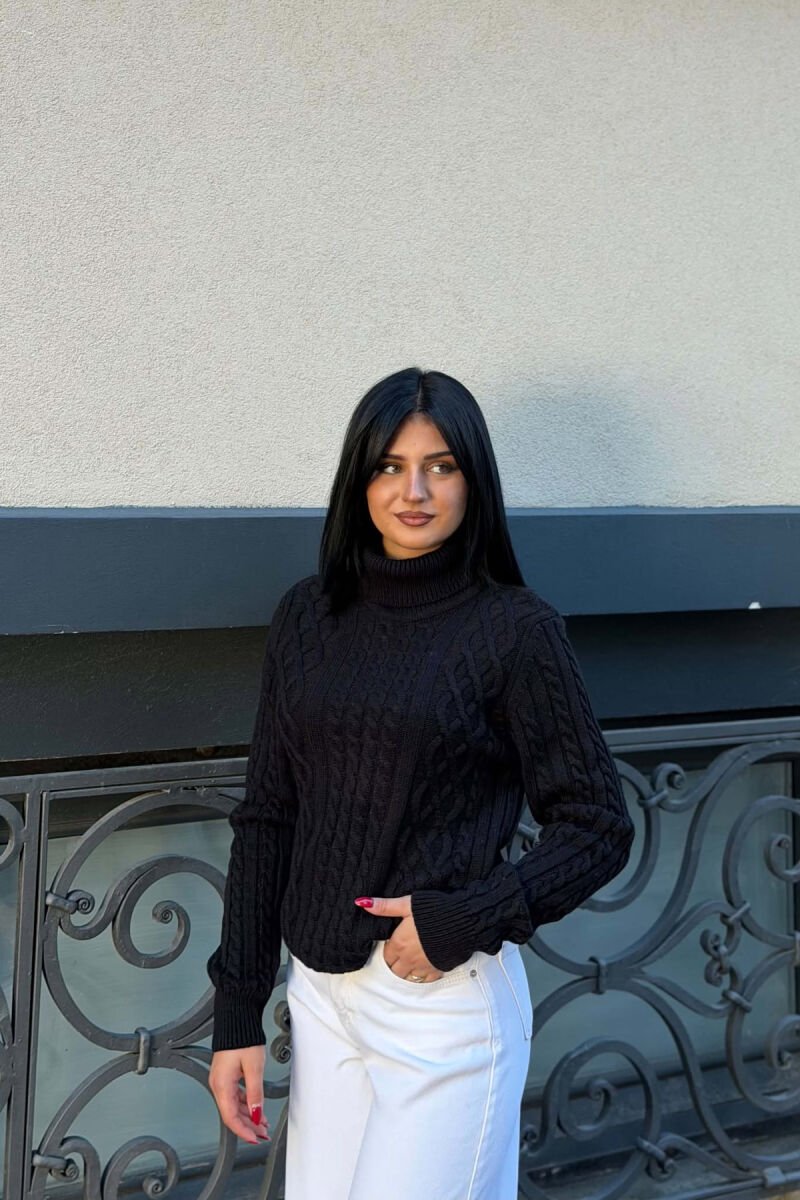 ONE COLOR HIGH NECK KNITTED WOMEN SWEATER BLACK/ E ZEZE - 3