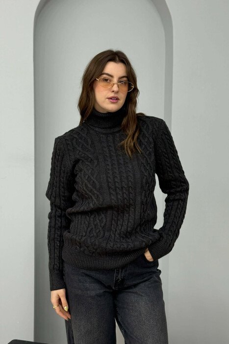 ONE COLOR HIGH NECK KNITTED WOMEN SWEATER DARK GREY/GEE - KLAUDIO FASHION